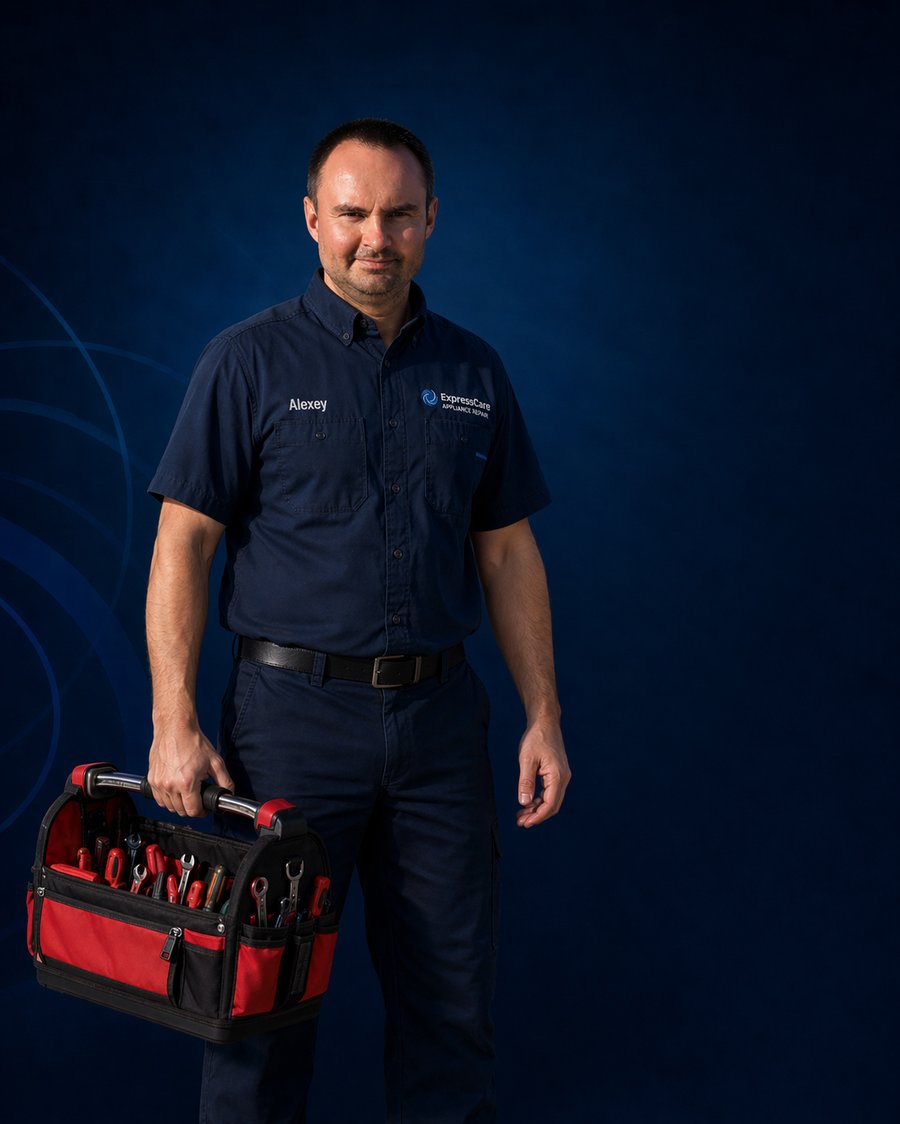 ExpressCare licensed appliance repair technician with tool bag